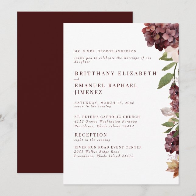 Invitación Burgundy Hydrangeas Floral 2 Venue Wedding (Anverso / Reverso)