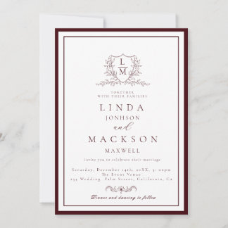 Invitación Burgundy & Ivory botanical crest All in onewedding