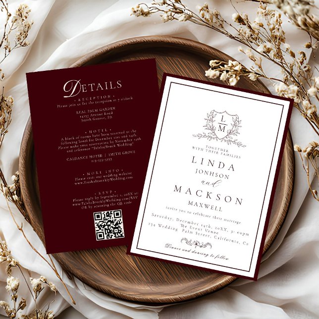 Invitación Burgundy & Ivory botanical crest All in onewedding (Subido por el creador)