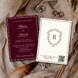 Invitación Burgundy & Ivory Crest Old Money QR Code Wedding