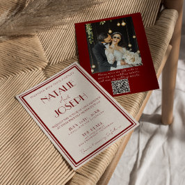 Invitación Burgundy Ivory Old Money QR Code Photo Wedding