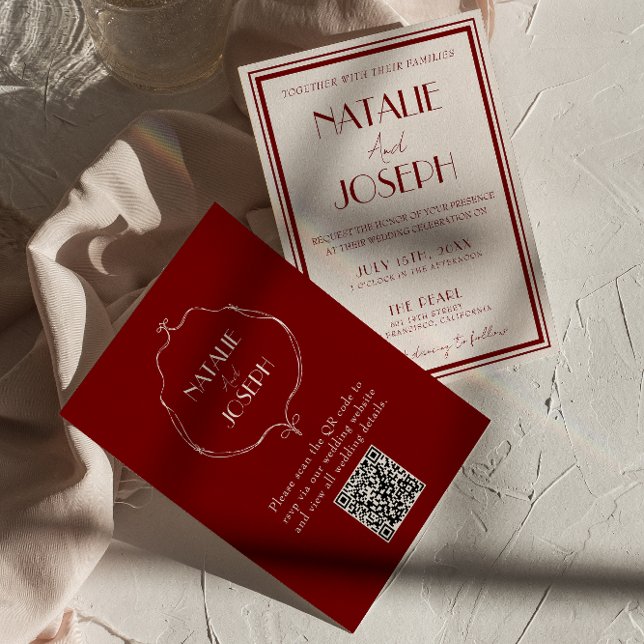 Invitación Burgundy Ivory Old Money Retro QR Code Wedding (Subido por el creador)