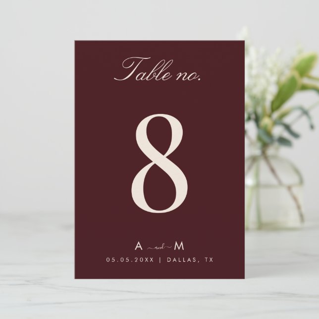 Invitación Burgundy & Ivory Wedding 5x7 Table Number Card (Anverso de pie)