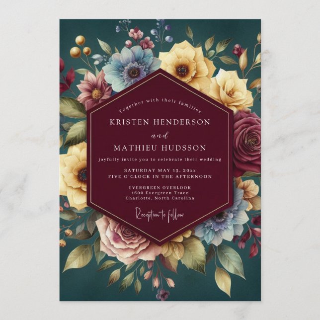 Invitación Burgundy Jewel Tone Bloom Wedding (Anverso)
