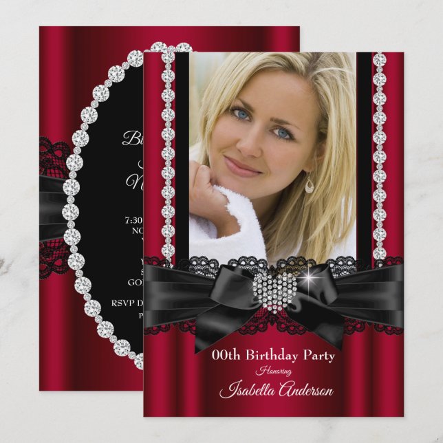Invitación Burgundy Lace Diamond Heart Photo Birthday Party (Anverso / Reverso)