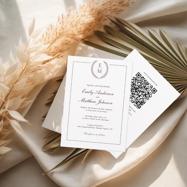 Invitación Burgundy Laurel Wedding Invitation QR Code (Subido por el creador)