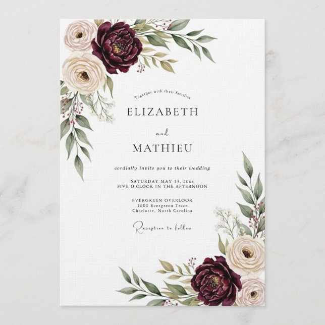 Invitación Burgundy Lush Bloom Wedding (Anverso)