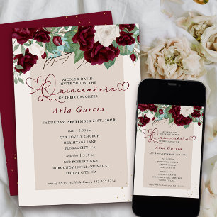 Invitación Burgundy Marfil Rosas Florales Quinceanera y Misa