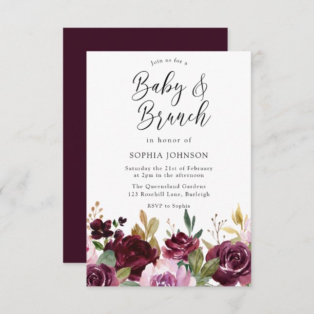 Invitación Burgundy Maroon Flores Bebé & Brunch Baby Shower (Anverso / Reverso)