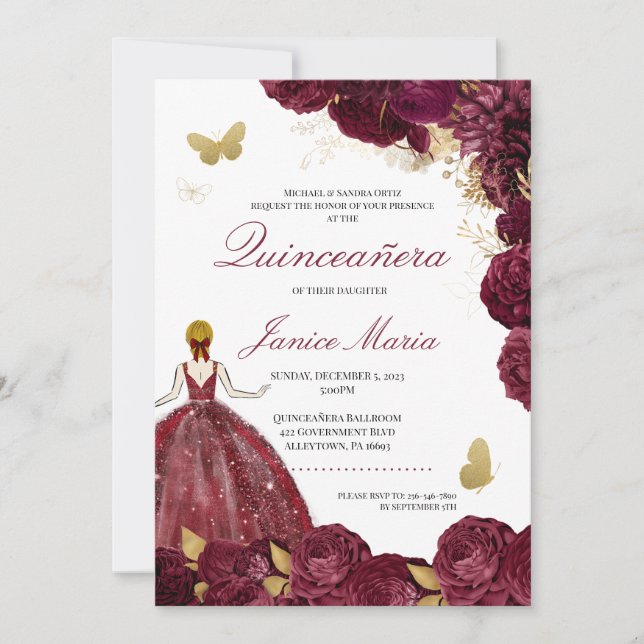 Invitación Burgundy Maroon Gold Floral Mariposa Quinceañera (Anverso)