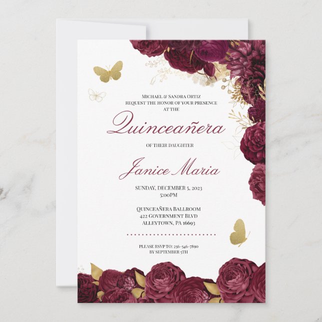 Invitación Burgundy Maroon Gold Floral Mariposa Quinceañera (Anverso)