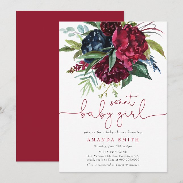Invitación Burgundy Maroon Greenery Chica Floral Baby Shower (Anverso / Reverso)