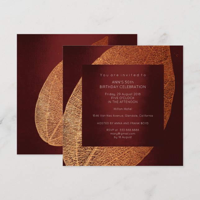 Invitación Burgundy Maroon Leaf Gold Birday Party (Anverso / Reverso)