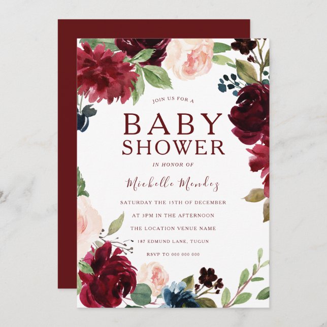 Invitación Burgundy Maroon Red Beautiful Baby Shower (Anverso / Reverso)