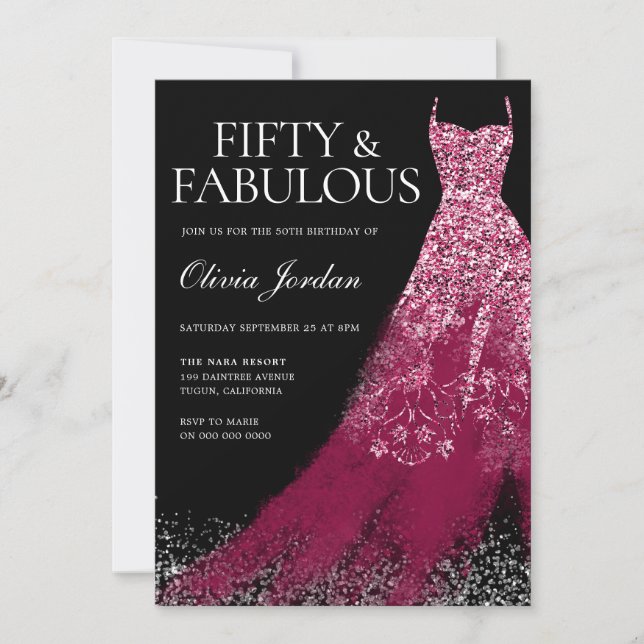 Invitación Burgundy Maroon Sparkle Vestido 50 cumpleaños fies (Anverso)