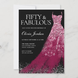 Invitación Burgundy Maroon Sparkle Vestido 50 cumpleaños fies