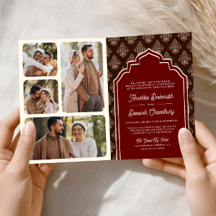 Invitación Burgundy Marrón Ikat Foto Collage Boda India