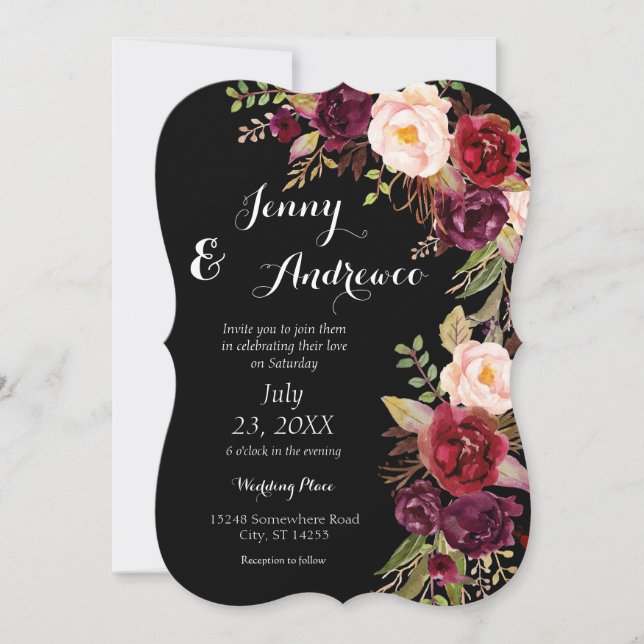 Invitación Burgundy Marsala Boda floral 2 negro (Anverso)