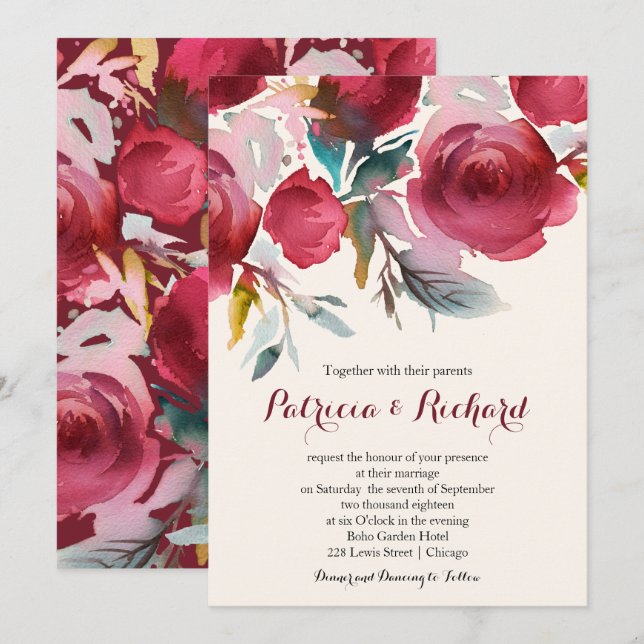 Invitación Burgundy Marsala Boda romántico floral (Anverso / Reverso)
