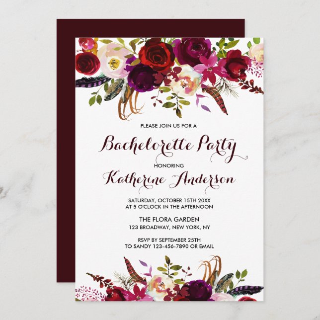 Invitación Burgundy Marsala Boho Floral Bachelorette Party (Anverso / Reverso)