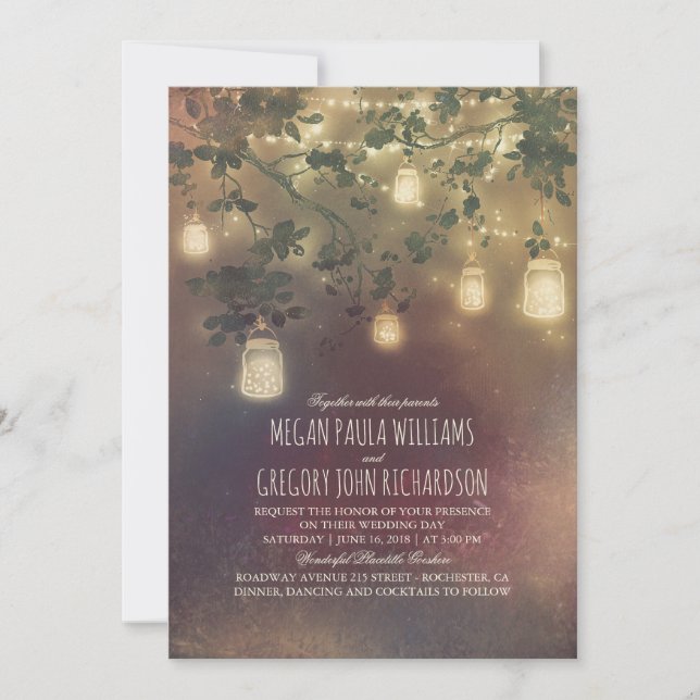 Invitación Burgundy Marsala Fall Mason Jar Lights Boda (Anverso)