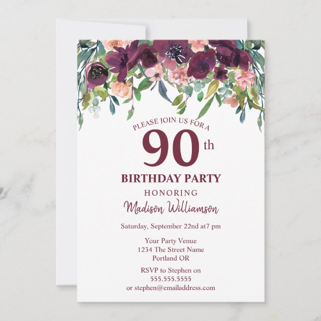 Invitación Burgundy Marsala Floral 90th Birthday Party (Anverso)