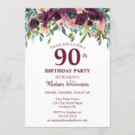 Invitación Burgundy Marsala Floral 90th Birthday Party<br><div class="desc">Diseño de acuarela floral moderno en Borgoña Marsala con hojas verdes azules. Esta es una plantilla lista para que añada los detalles de su fiesta. Si desea cambiar el color o estilo del tipo de letra,  haga clic en personalizar más adelante al final de la plantilla.</div>