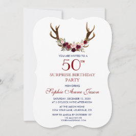 Invitación Burgundy Marsala Floral Antlers 50 cumpleaños
