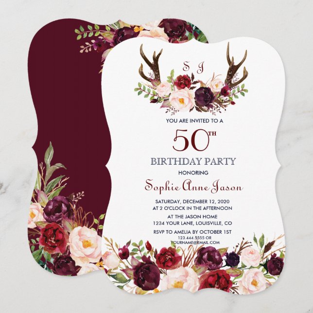 Invitación Burgundy Marsala Floral Antlers 50 cumpleaños (Anverso / Reverso)