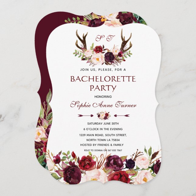 Invitación Burgundy Marsala Floral Antlers Bachelorette (Anverso / Reverso)