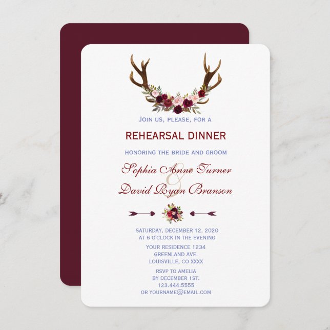 Invitación Burgundy Marsala Floral Antlers Cena ensayada (Anverso / Reverso)