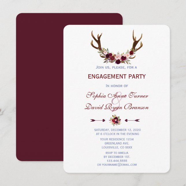 Invitación Burgundy Marsala Floral Antlers Engagement Party (Anverso / Reverso)