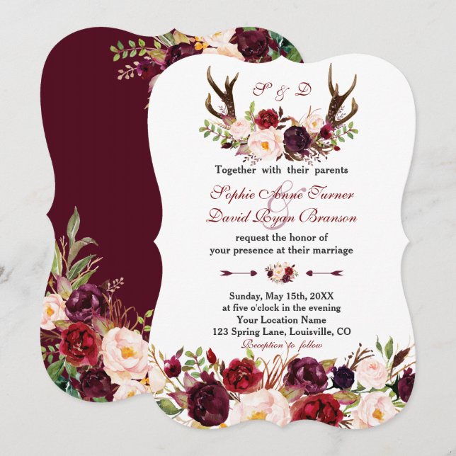 Invitación Burgundy Marsala Floral Antlers Monograma Boda (Anverso / Reverso)