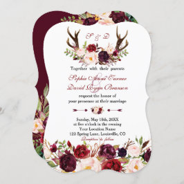 Invitación Burgundy Marsala Floral Antlers Monograma Boda