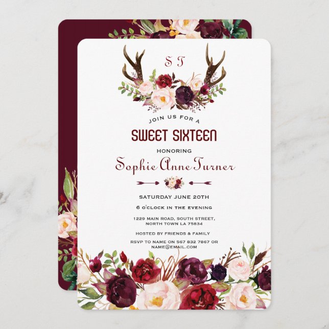 Invitación Burgundy Marsala Floral Antlers Monograma Dulce 16 (Anverso / Reverso)
