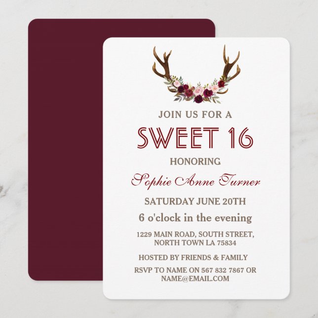 Invitación Burgundy Marsala Floral Antlers Sweet 16 Invite (Anverso / Reverso)