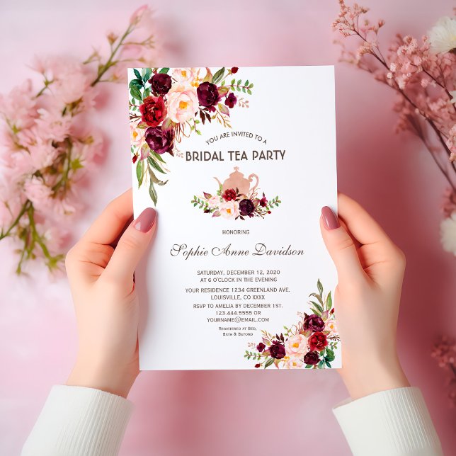 Invitación Burgundy Marsala Floral Bridal Shower Tea Fiesta (Subido por el creador)