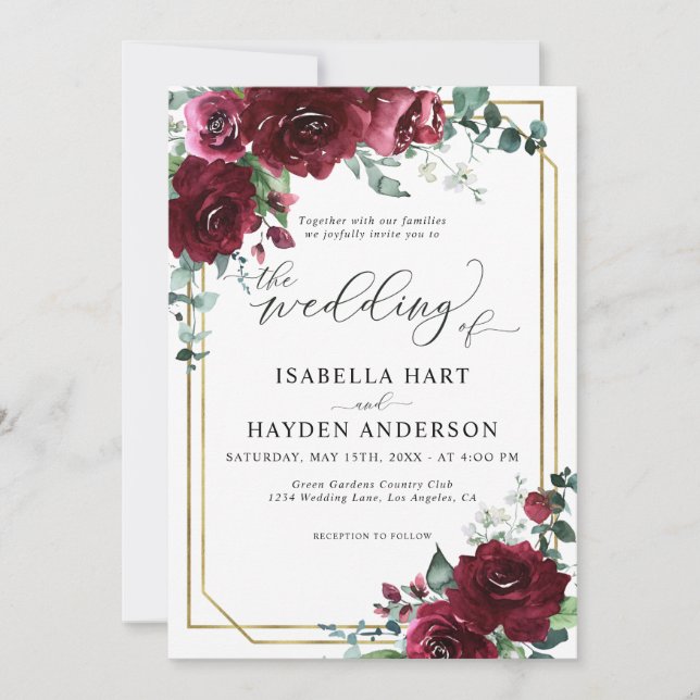 Invitación Burgundy Marsala Floral Gold Frame Boda (Anverso)