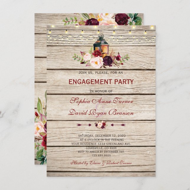 Invitación Burgundy Marsala Floral Lantern Engagement Party (Anverso / Reverso)