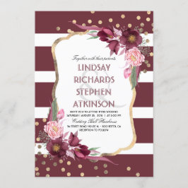 Invitación Burgundy Marsala Floral Stripes y Gold Boda