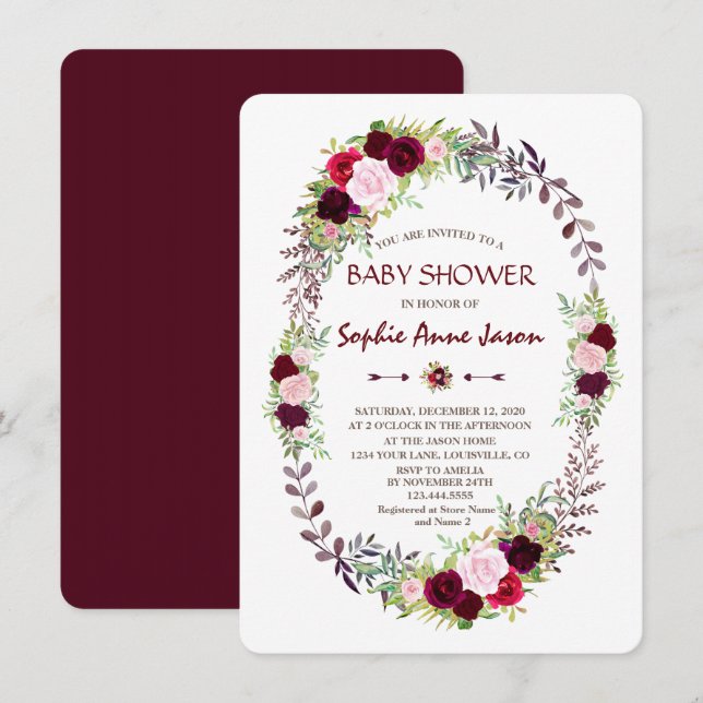 Invitación Burgundy Marsala Floral Wreath Baby Shower (Anverso / Reverso)