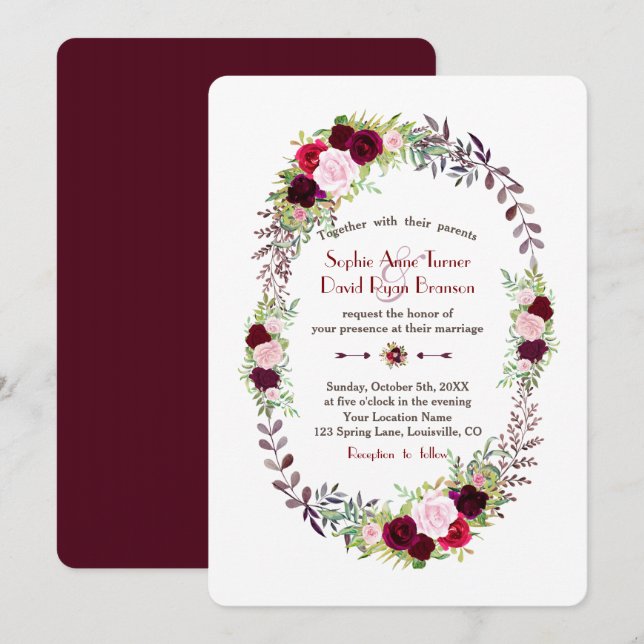Invitación Burgundy Marsala Floral Wreath Boda (Anverso / Reverso)