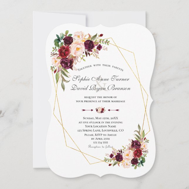 Invitación Burgundy Marsala Flores Boda del marco dorado (Anverso)