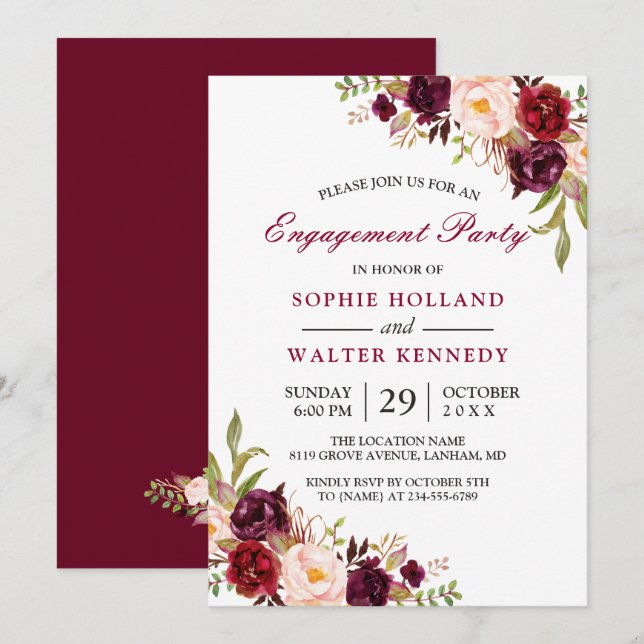 Invitación Burgundy Marsala Partido Compromiso de Moda Floral (Anverso / Reverso)