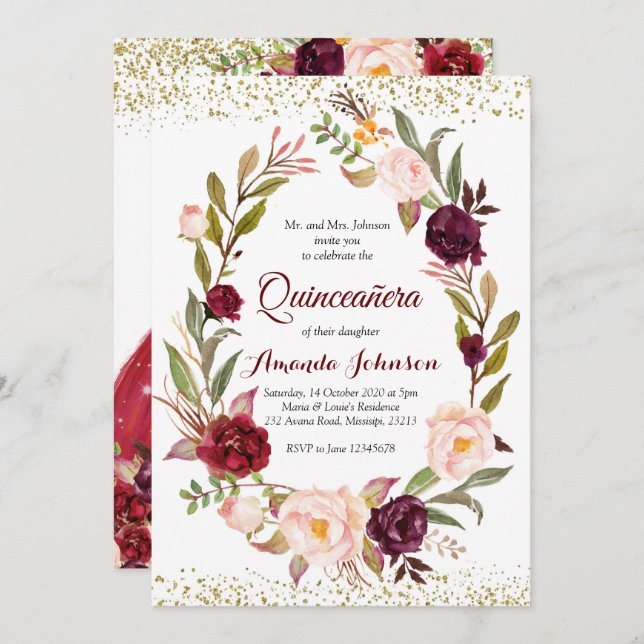 Invitación Burgundy Marsala Princesa Quinceañera Español (Anverso / Reverso)