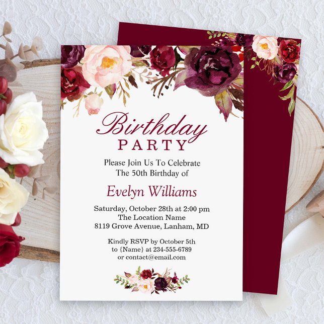 Invitación Burgundy Marsala Red Floral Birthday Party (Subido por el creador)