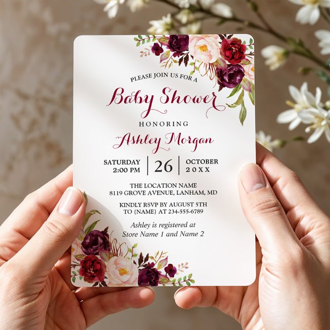 Invitación Burgundy Marsala Red Floral Boho Baby Shower (Subido por el creador)