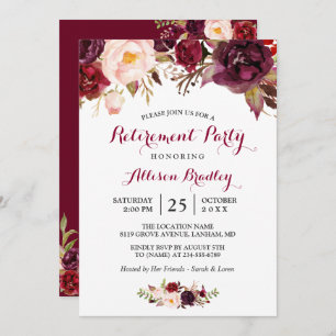 Invitación Burgundy Marsala Red Floral Retirement Fiesta