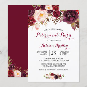 Invitación Burgundy Marsala Red Floral Retirement Fiesta