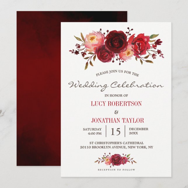 Invitación Burgundy Marsala Red Roses Floral Boda (Anverso / Reverso)